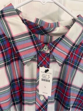 Talbots White Button-Down Shirt with Pink, Blue & Green Plaid
